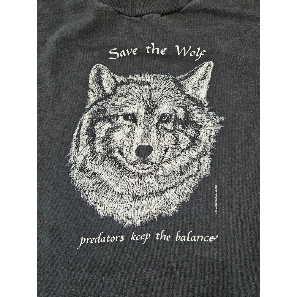 VTG 90s Save the Wolf T Shirt XL Single Stitch Jim Morris USA Black 1992